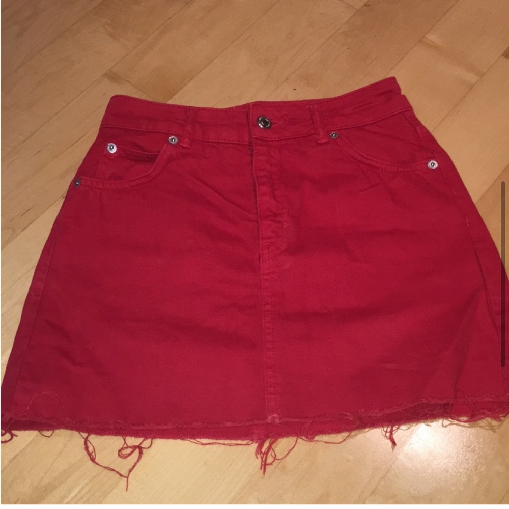Topshop Petite Moto Red Denim Jean Skirt - Picture 4 of 7
